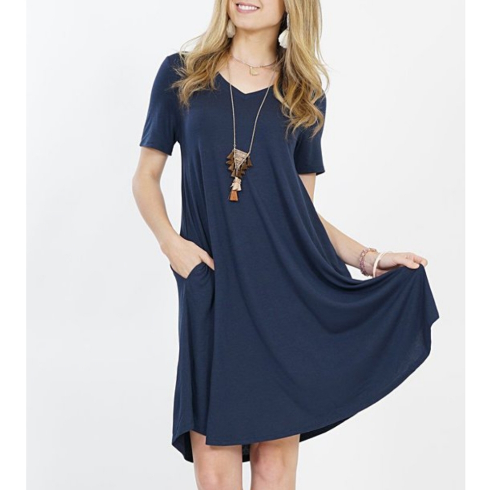 Navy Blue Shortsleeve Swing V Neck Dress